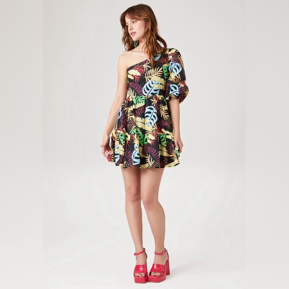 One-Shoulder Tropical‎ Print Mini Dress